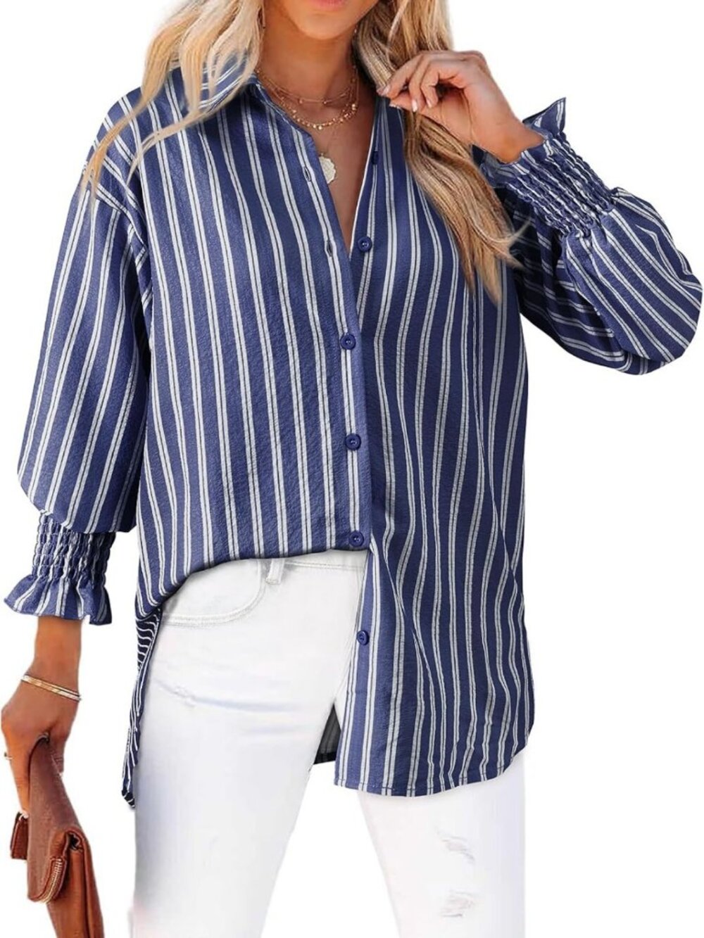 Here’s an optimized title for Poshmark: "Women's Oversized Striped Button-Down